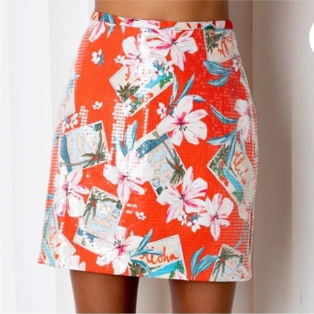 NWT Le Superbe Sequin Postcard Print Mini Skirt in Red Aloha Size 10​​​​…​​​
